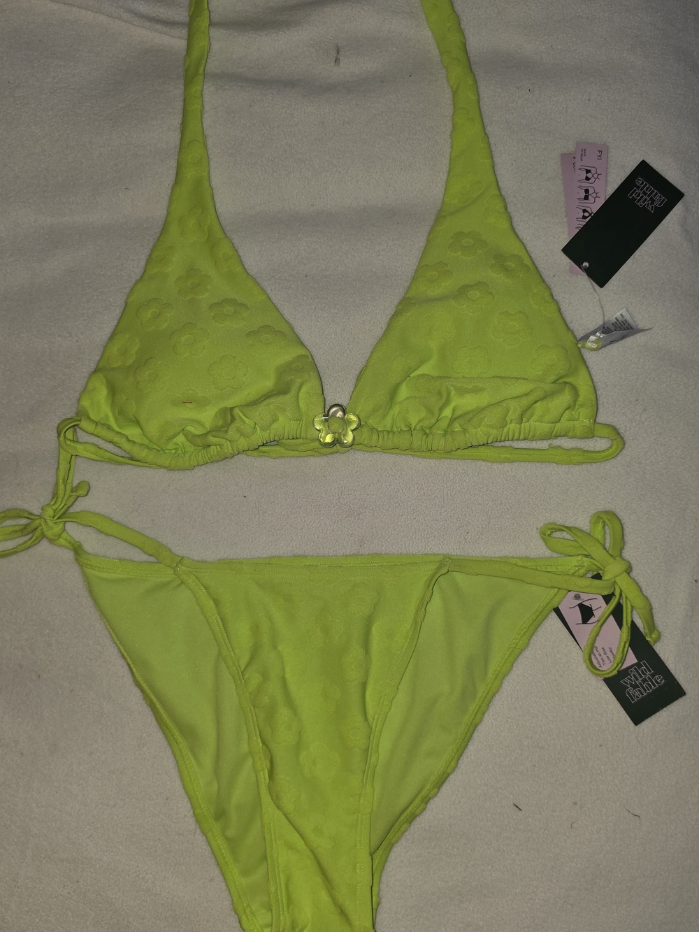 NWT Willd Fable Neon Lime Floral Applique  Bikini Top XL / BTM S